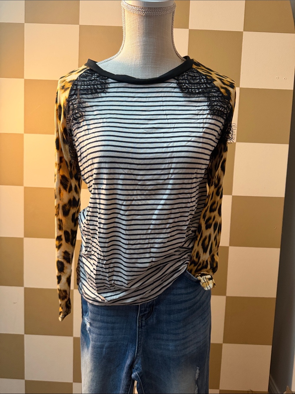 Striped Front with Leopard Print Long Sleeve Top - Black/White/Yellow
